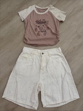 KOREAN FASHION Rabbit Graphic Raglan Crop Top & Cream Shorts